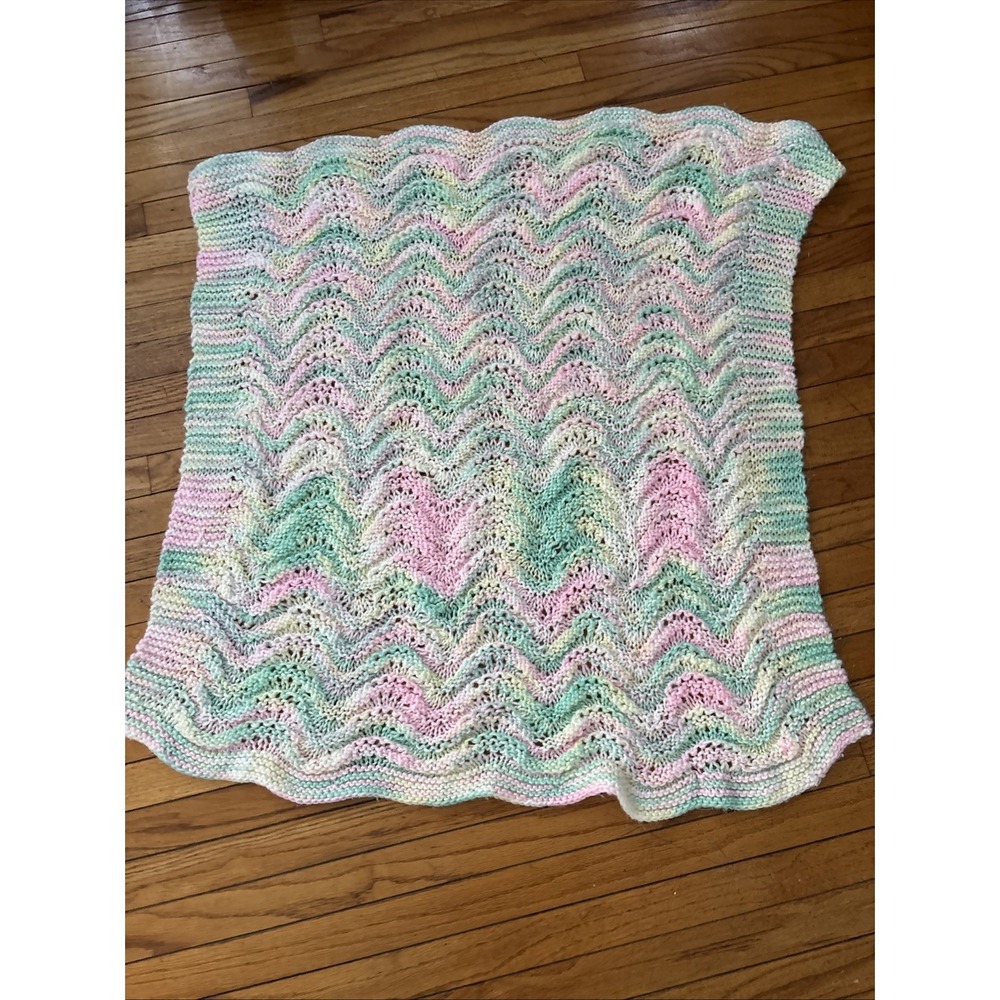 Crocheted Striped Baby blanket Green White Yellow And Pink. 100%Handmade